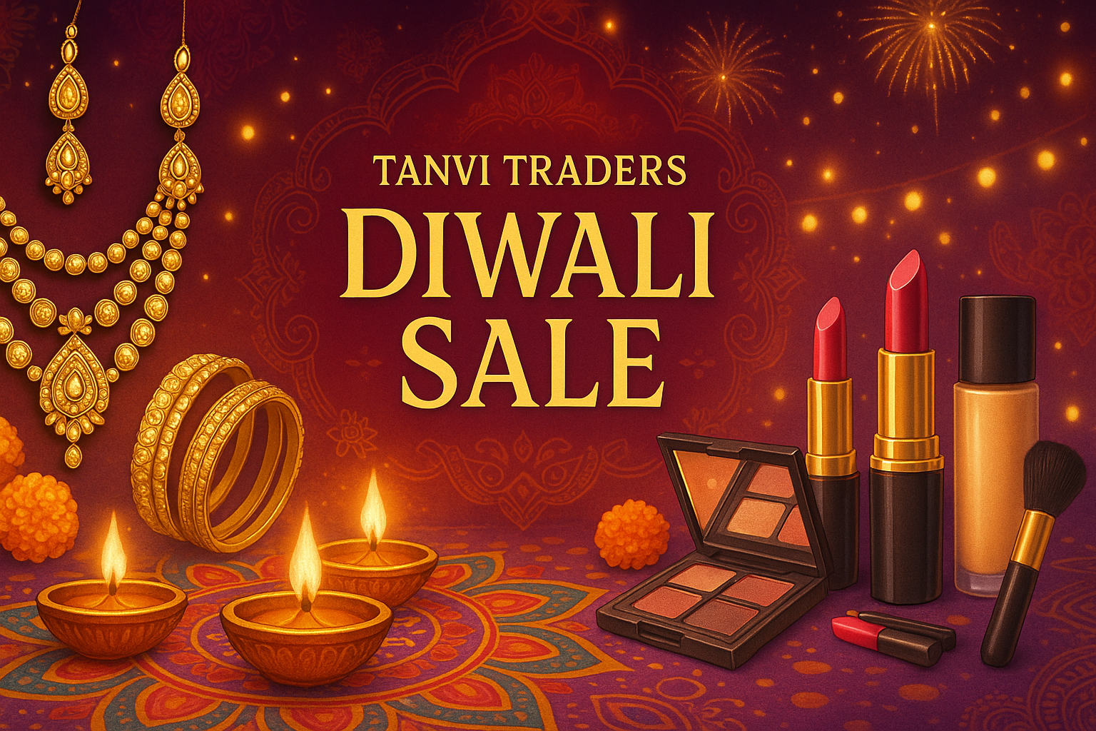 make an image banner for slideshow of tanvi traders diwali sale with background of diwali festival with some jewlleys pics and cosmetic as well.