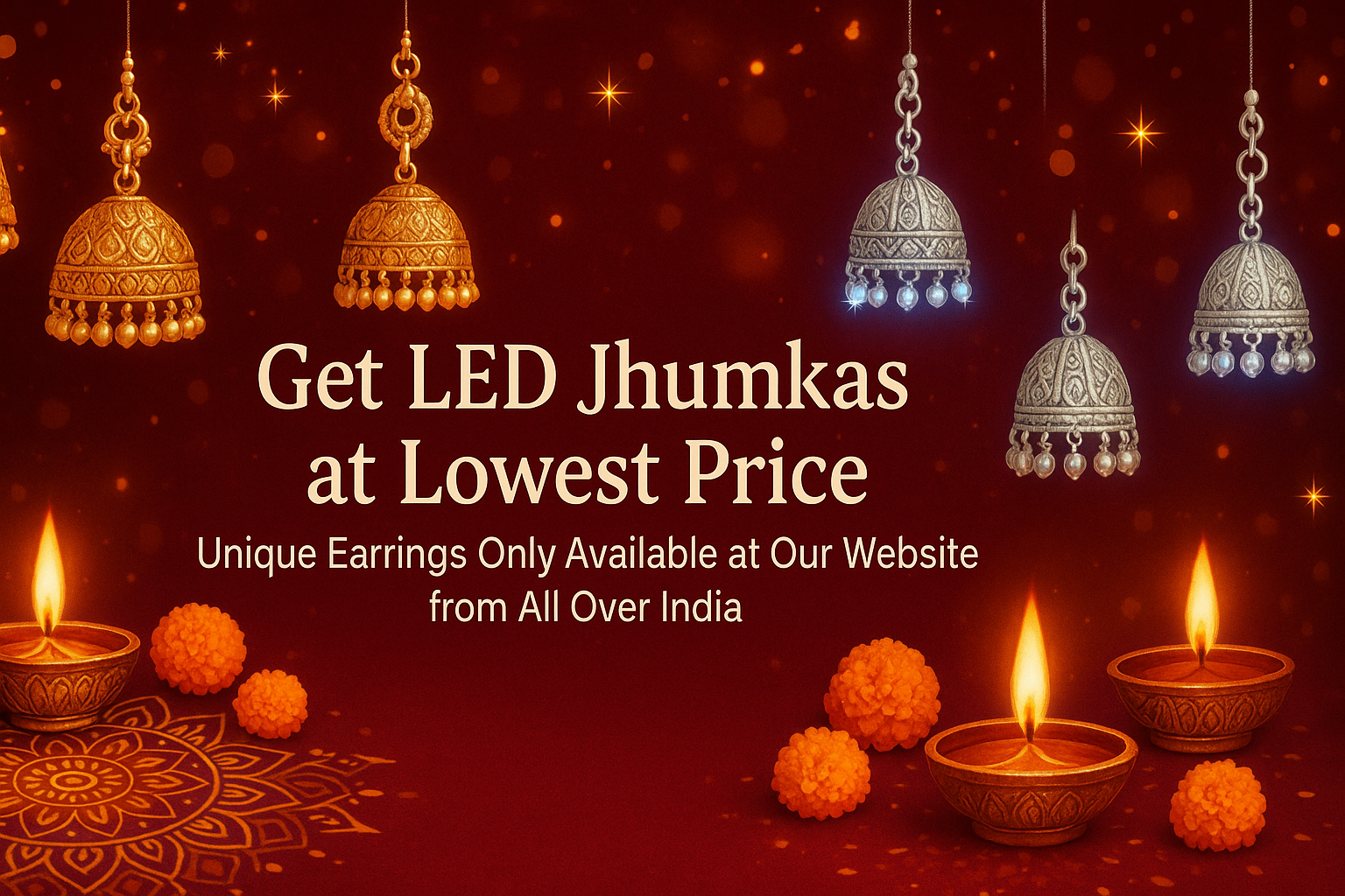 make an image banner for slideshow withe the diwali theme and add earrings or jhumkas in background with diwali theme, and also write Get LED Jhumkas at lowest price, unquie earrings only available avalibale at our website from all over india. make sure that conetnt should be in centre. create a beautiful banner