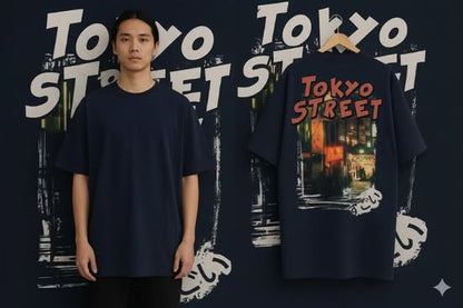 Men's Regular Fit Cotton T-Shirt - "Tokyo Street" Graphic Print - Navy Blue
