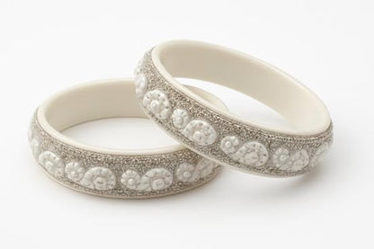 Elegant White & Silver Embellished Designer Bangles – Set of 2