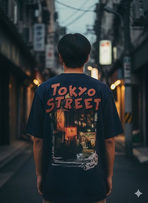 Men's Regular Fit Cotton T-Shirt - "Tokyo Street" Graphic Print - Navy Blue