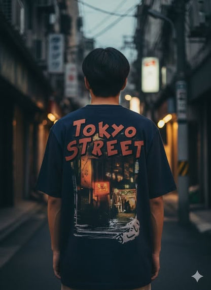 Men's Regular Fit Cotton T-Shirt - "Tokyo Street" Graphic Print - Navy Blue