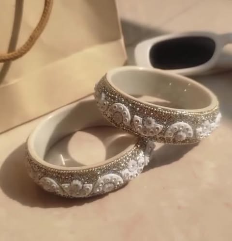 Elegant White & Silver Embellished Designer Bangles – Set of 2