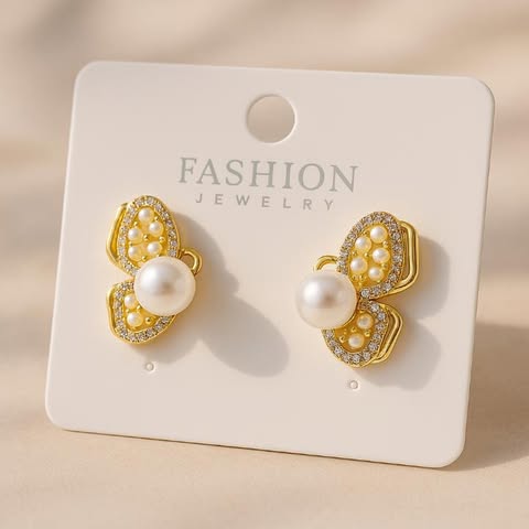 Elegant Gold-Plated Butterfly Pearl Stud Earrings for Women and Girls.
