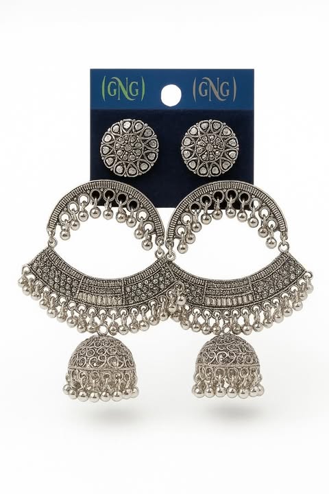 GNG Antique Silver-Plated Oxidised Jhumka Earrings for Women and Girls