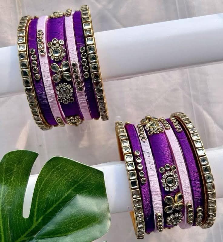 Royal Rose Dual-Color Handmade Silk Thread Bangles (Purple & Pink)