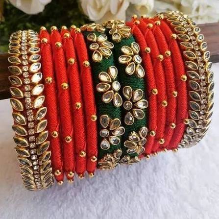 Silk Thread Bangles – Orange, Green & Golden Combo