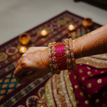 Rani Pink & Gold Handmade Silk Thread Bangles – Royal Festive Combo