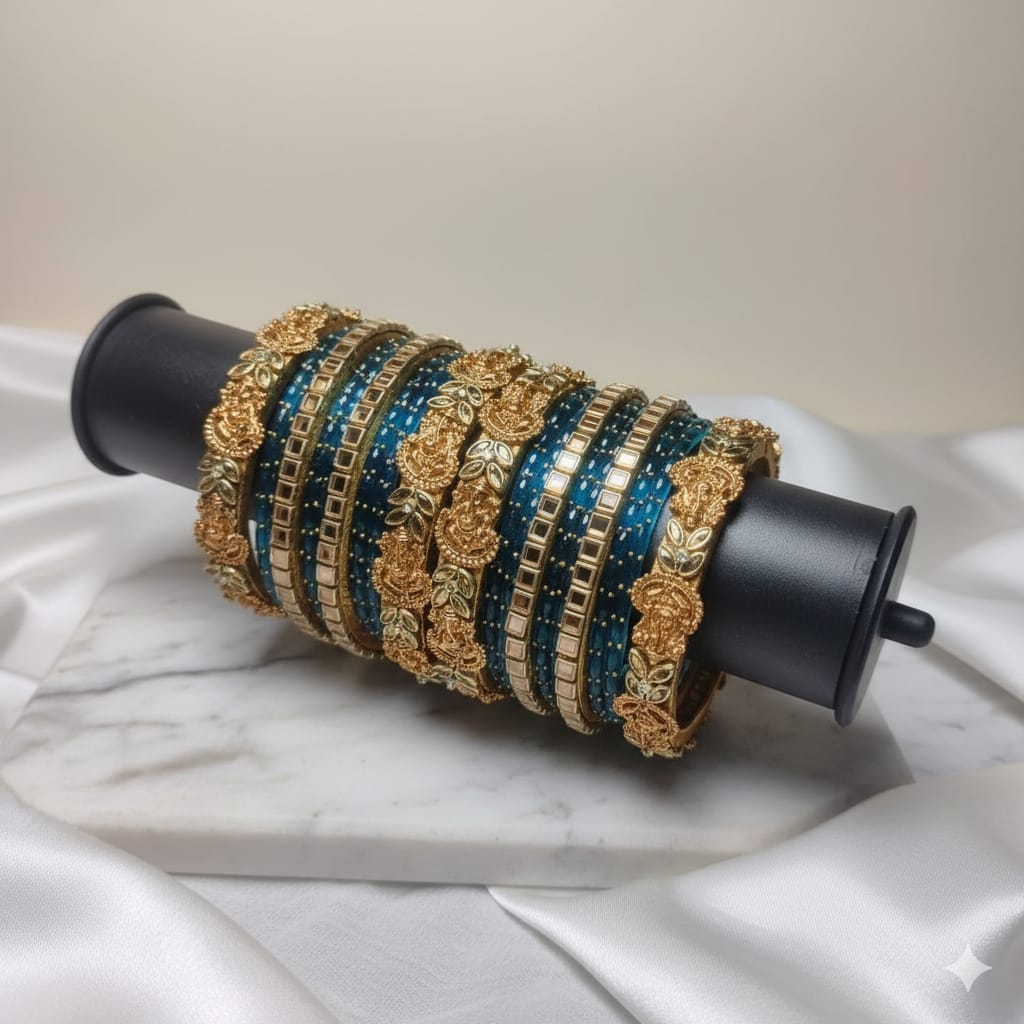 Golden & Blue Silk Thread Kundan Bangles – Royal Handmade Designer Set