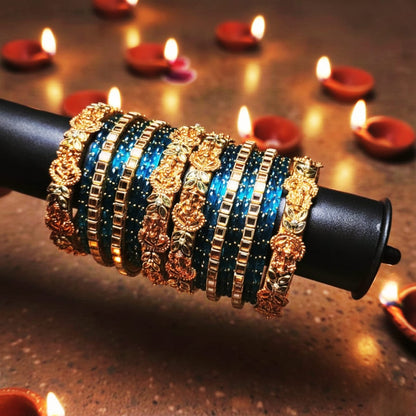 Golden & Blue Silk Thread Kundan Bangles – Royal Handmade Designer Set