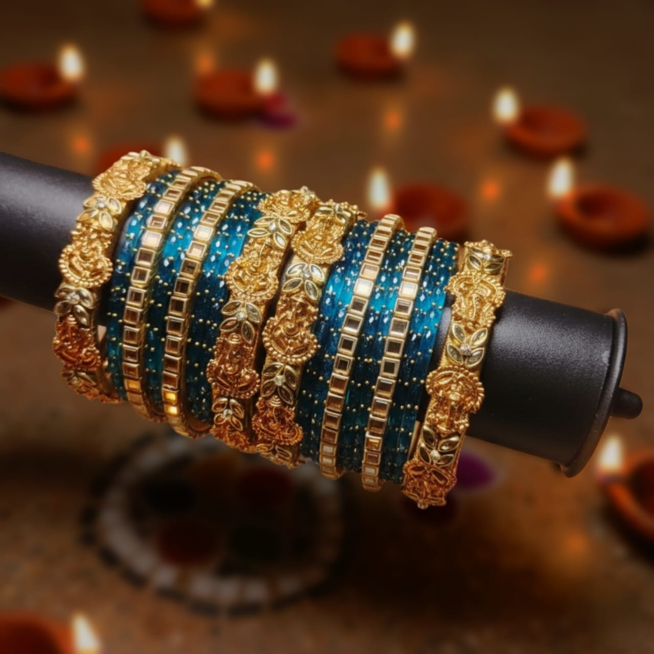 Golden & Blue Silk Thread Kundan Bangles – Royal Handmade Designer Set