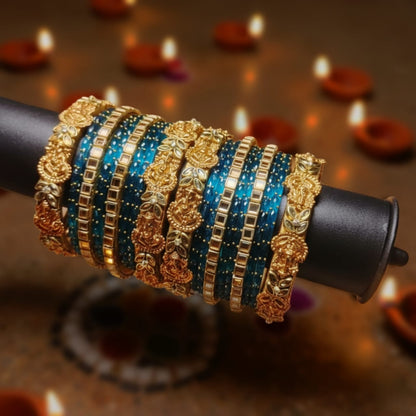 Golden & Blue Silk Thread Kundan Bangles – Royal Handmade Designer Set